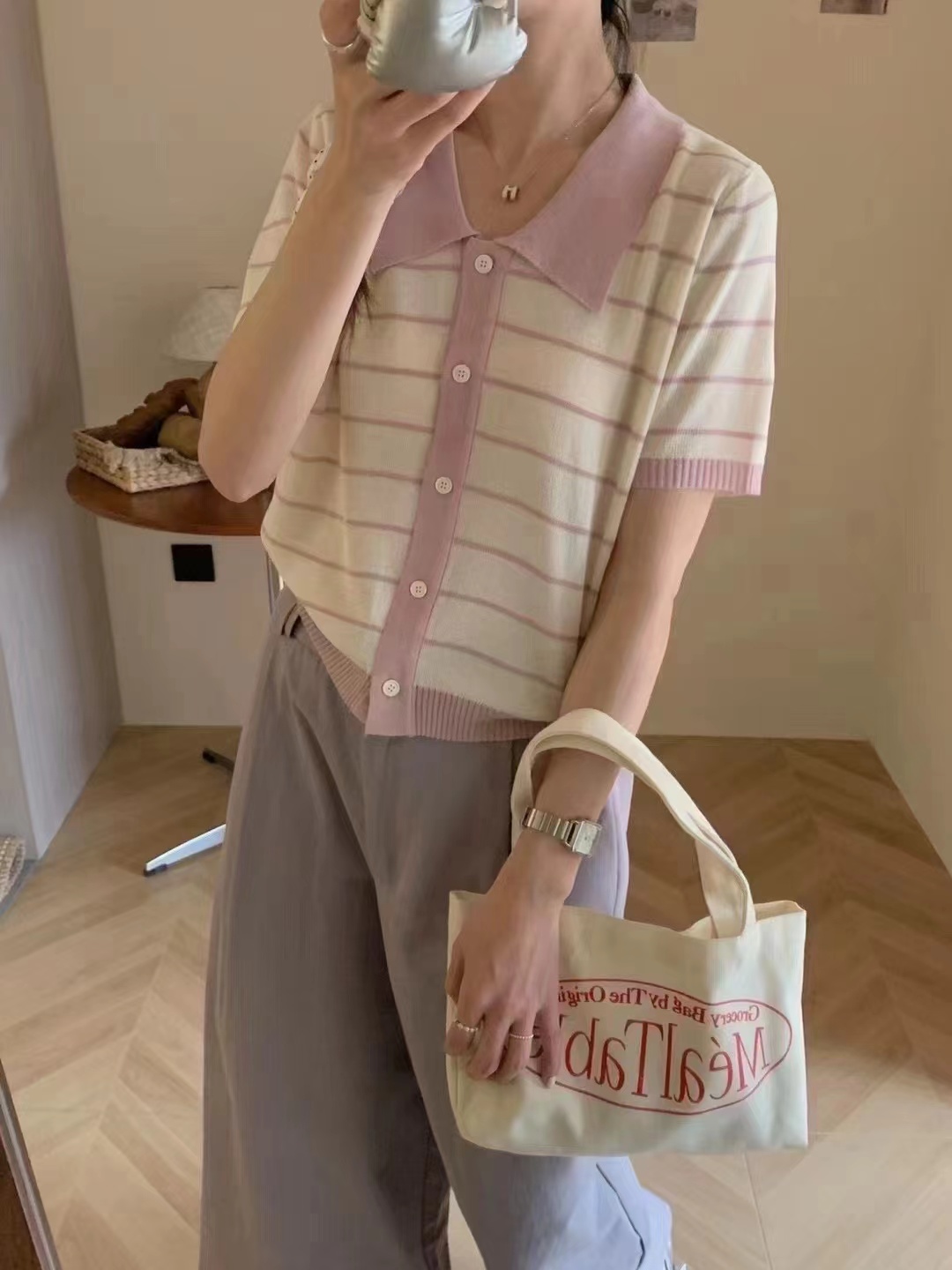 BB Korean 25-year new style lapel simple knitted top striped short sleeve casual loose casual