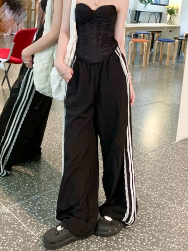 Real shot of side striped wide-leg pants for women, draped loose high-waist pants 2025 casual pants floor trousers