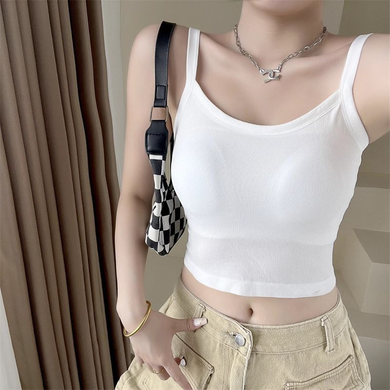 背心女帶胸墊內搭U型美背文胸一體打底外穿多巴胺上衣貼身