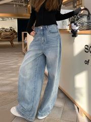 今年流行的水洗藍色高腰闊腿牛仔褲女春季款小個子百搭直筒拖地褲