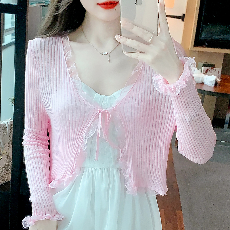 Shipped 2025 Spring and Summer New Sunscreen Shirt Lace-edged Short Lace-lace Knitted Sweater Small Shawl