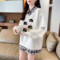 Real-shot 2025 New Arrival Back-Tie Collar Twill Top, Thin POLO-Neck Sweater for Women, with Cartoon Design and Long Sleeves