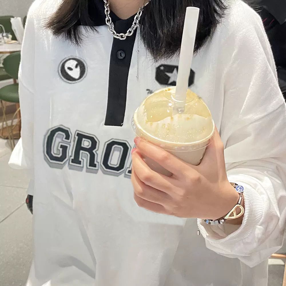 早春嘻哈ins拼接撞色學生polo衫寬鬆長袖t恤女男女 同款