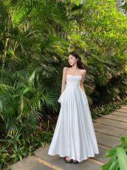 Real shot of new French romantic temperament strapless skirt solid color long pleated skirt suspender dress long skirt