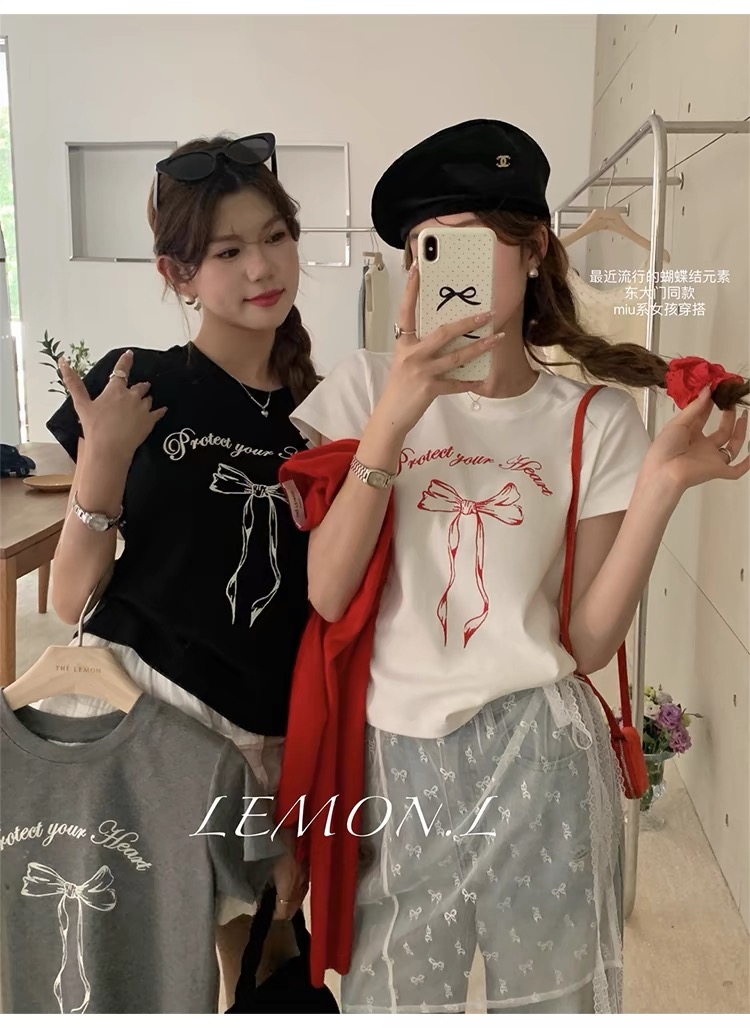 Dongdaemun women's clothing Korean new style front shoulder short-sleeved butterfly printed T-shirt design top with jeans summer