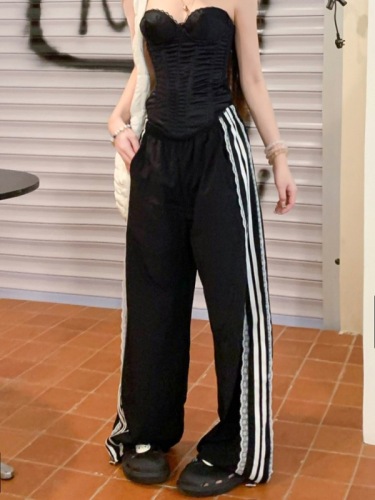 Real shot of side striped wide-leg pants for women, draped loose high-waist pants 2025 casual pants floor trousers