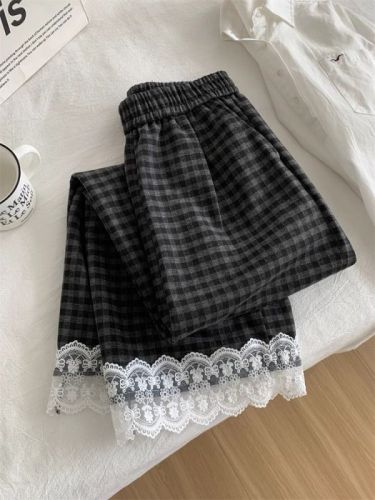 Extra large size 300 catties fashionable retro black and gray plaid pants lace lace wide-leg casual pants spring and autumn straight pants