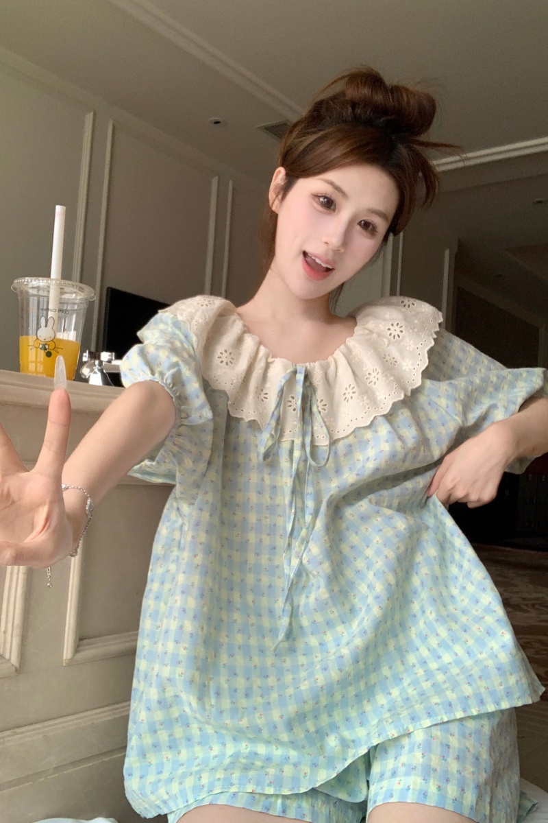 Real shot Korean version of sweet, fresh, loose, breathable cotton and linen summer lazy outside wearing walk home clothes set