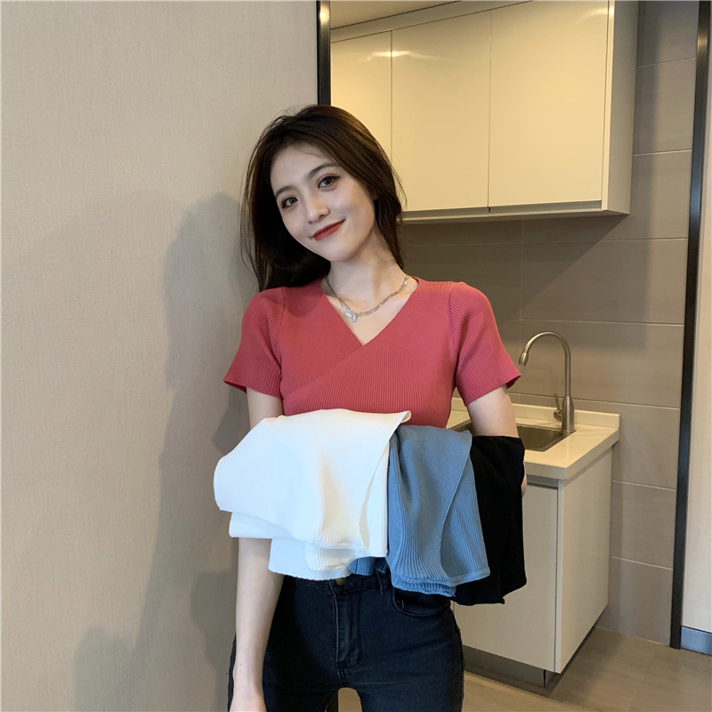 Real shot of high waist slim temperament short-sleeved cross-slim sweater top