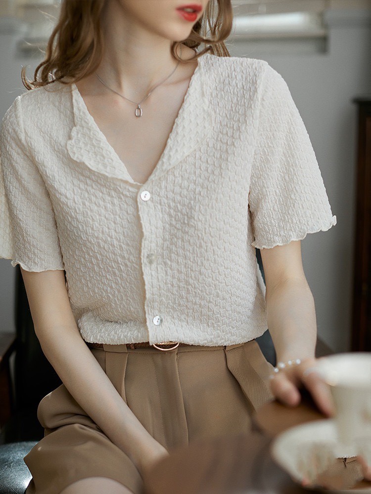 New summer French high-end lapel shell button short-sleeved cardigan top for women