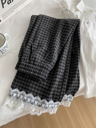 Extra large size 300 catties fashionable retro black and gray plaid pants lace lace wide-leg casual pants spring and autumn straight pants