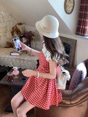 Real shot of sweet fake two-piece plaid short-sleeved dress college style slim A-line skirt