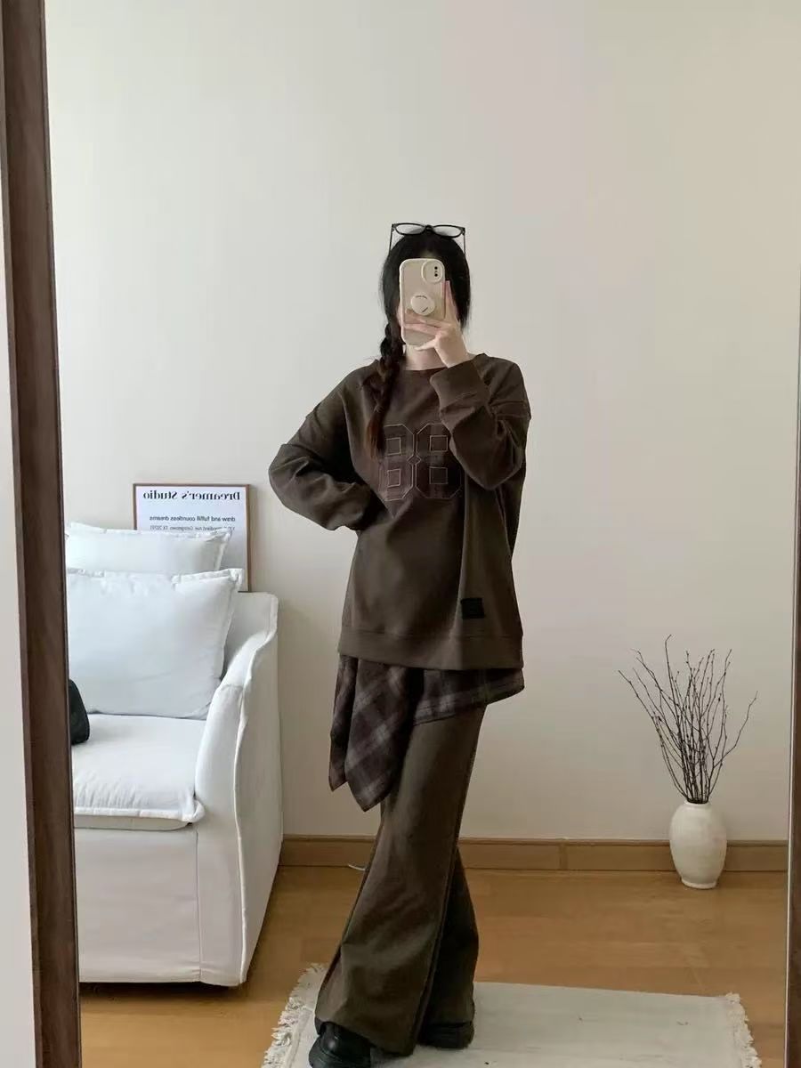 華棉純棉復古學院風運動服套裝女春季露肩衛衣微喇休閒褲兩件套潮