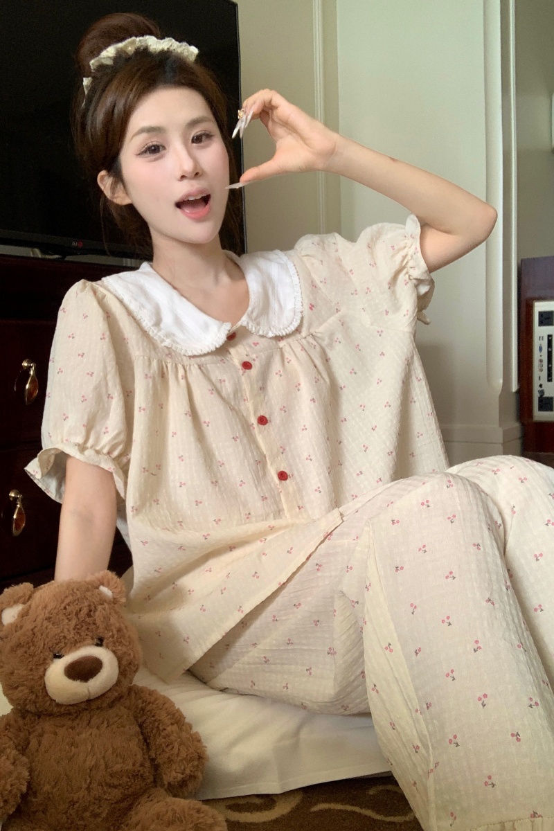 Real shot of Korean version sweet and fresh cherry loose breathable cotton linen summer short-sleeved outdoor home clothing set