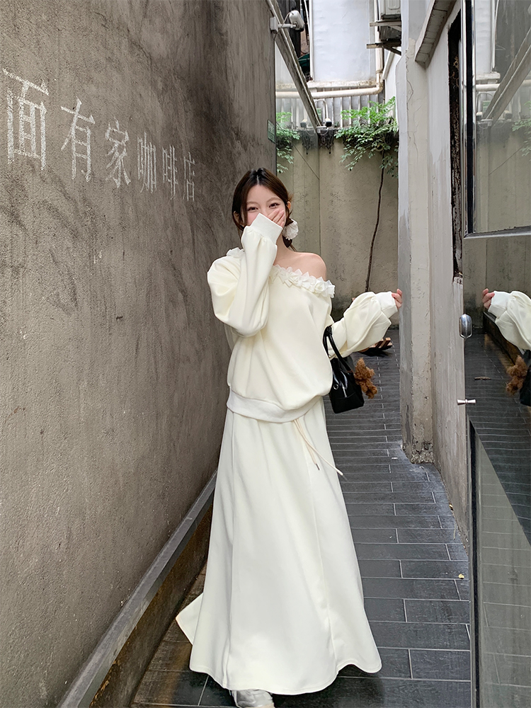 實拍 韓chic春簡約花邊小心機露肩衛衣+半身裙