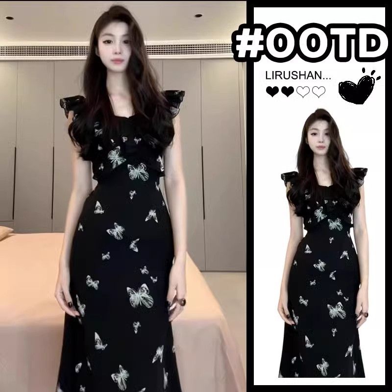 French retro flying sleeve lotus leaf dress female student summer waist-hugging and slimming square collar long skirt
