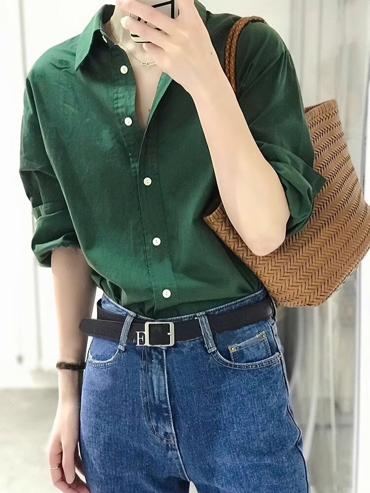 Spring and summer unique shirt with French atmosphere top green sunscreen shirt design high-end