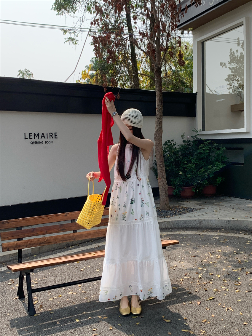 Real shot French retro romantic floral lace spliced ​​long sleeveless dress