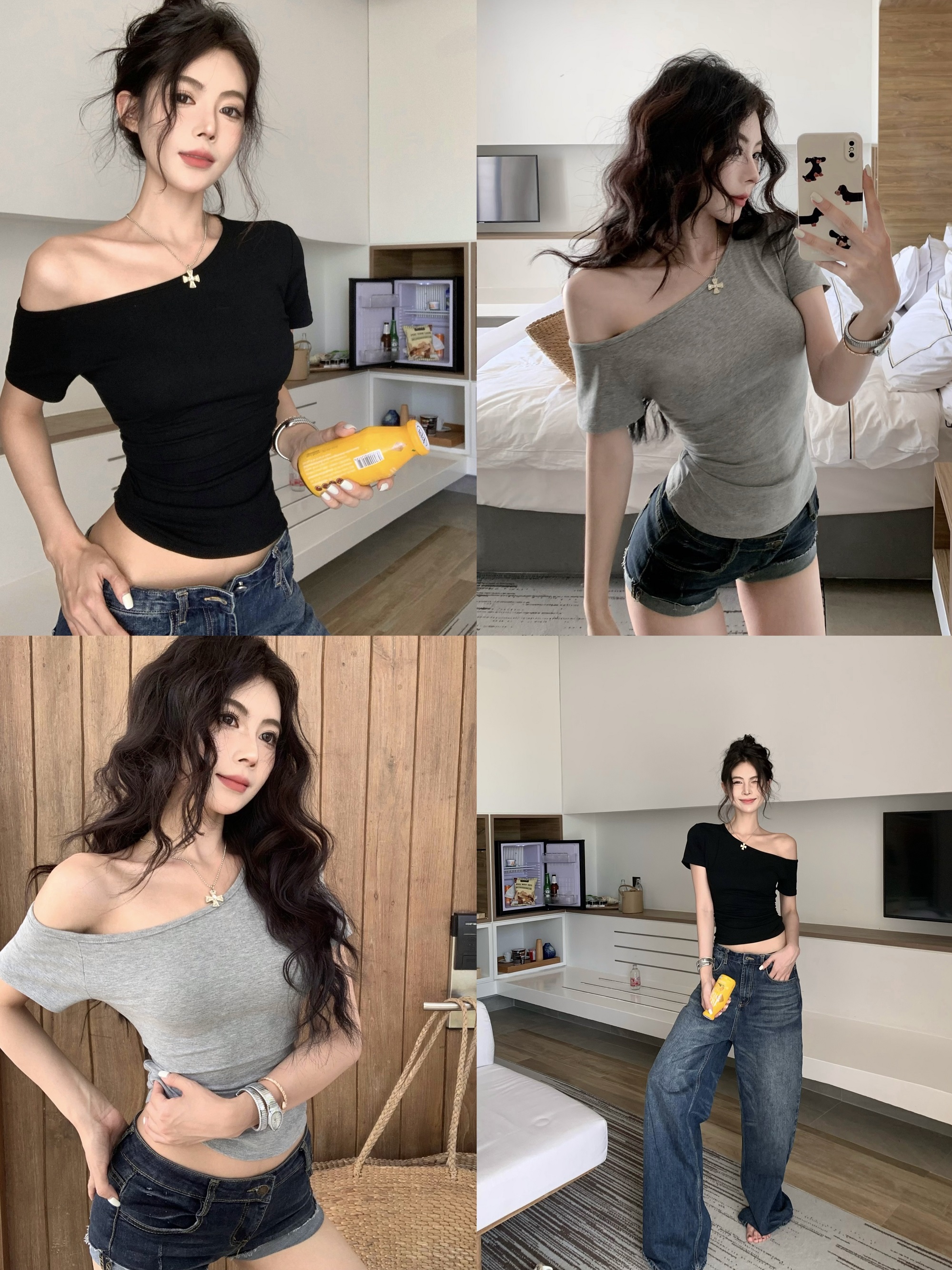 Real shot, new slim and slim off-shoulder short-sleeved T-shirt stretch top