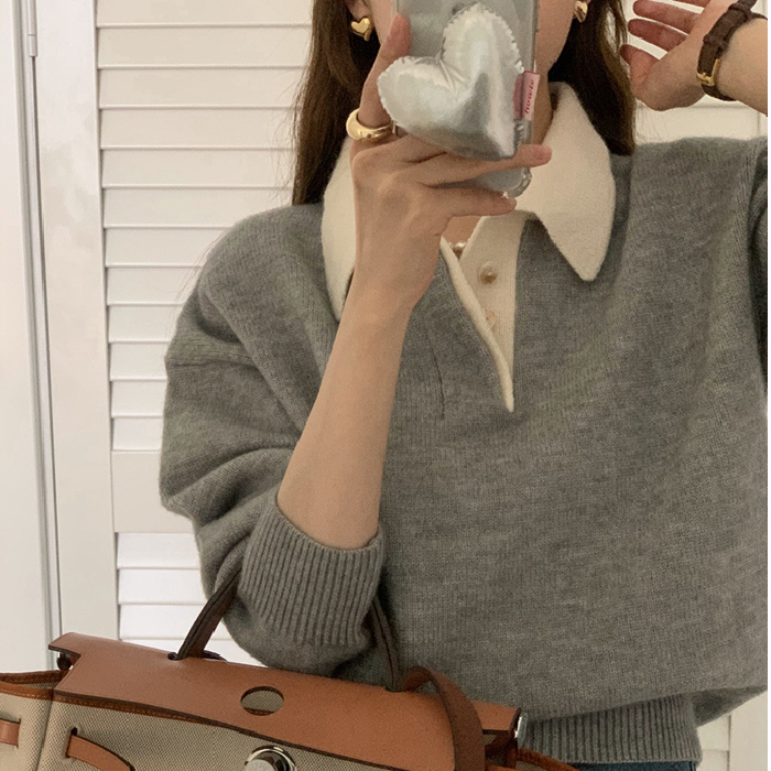Internet celebrity retro lapel sweater for women in autumn new loose long-sleeved top short outer sweater