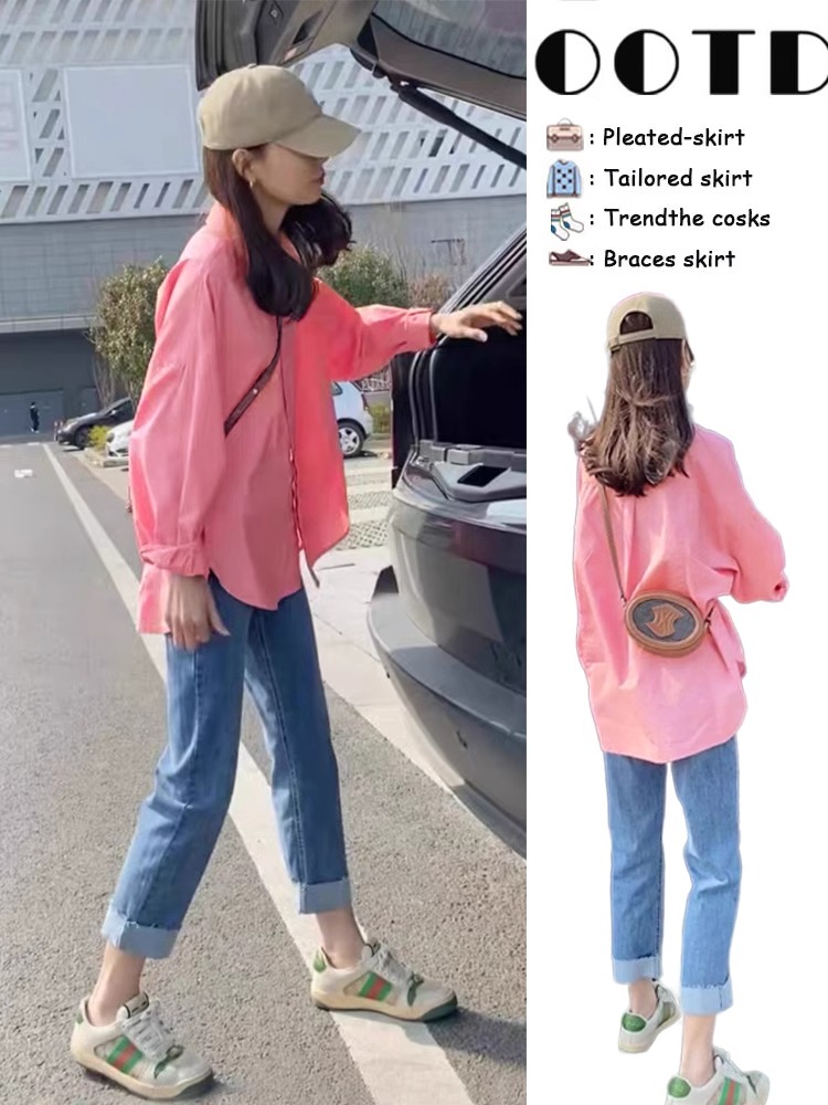 New spring and summer style pink shirt for women with small sunscreen shirt for women with high-quality texture and super good-looking top