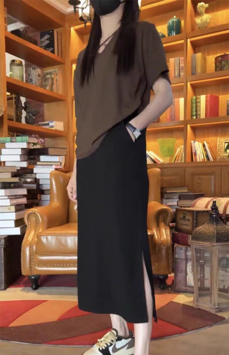 Fat mm black loose skirt for women with large size high waist A-line draped slim mid-length straight skirt