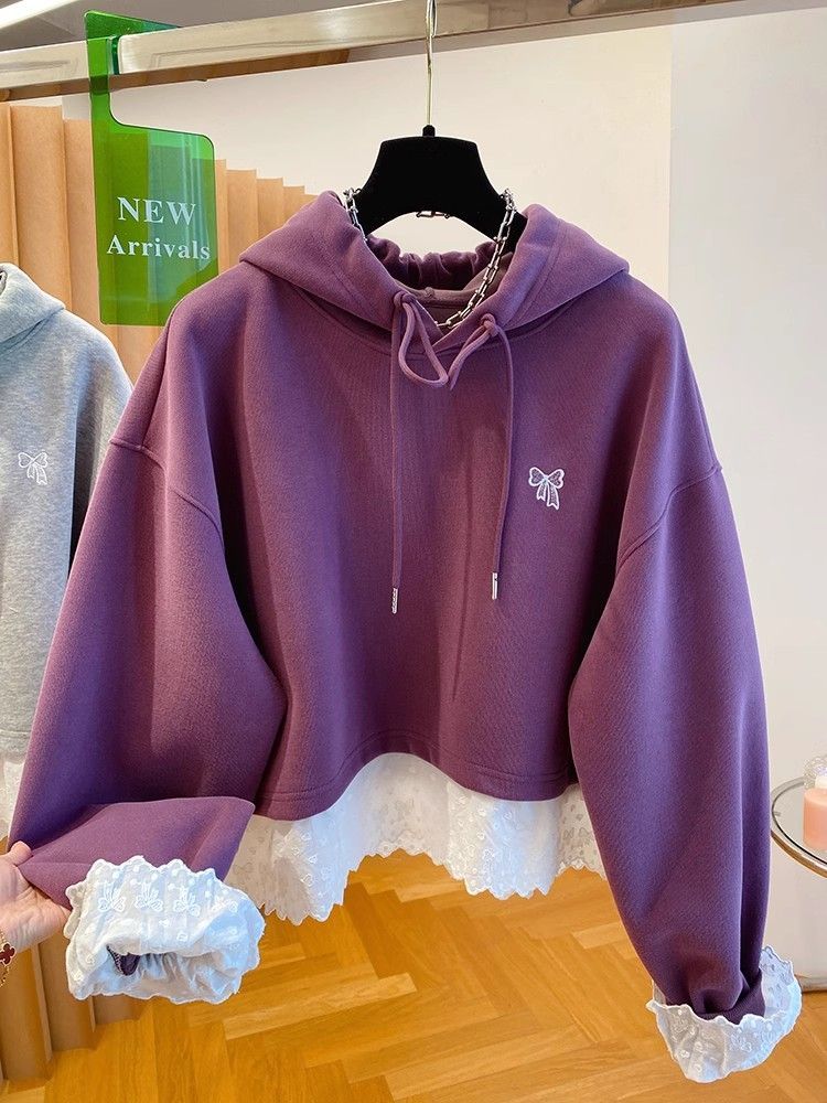 超好看下擺蕾絲花邊拼接紫色衛衣女2025新款寬鬆減齡假兩件上衣春