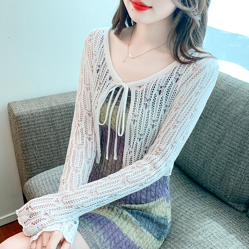 Shipped 2025 Spring and Summer New Hollow Lace Small Shawl Cardigan with Long Sleeve Short