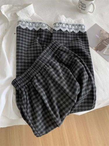 Extra large size 300 catties fashionable retro black and gray plaid pants lace lace wide-leg casual pants spring and autumn straight pants