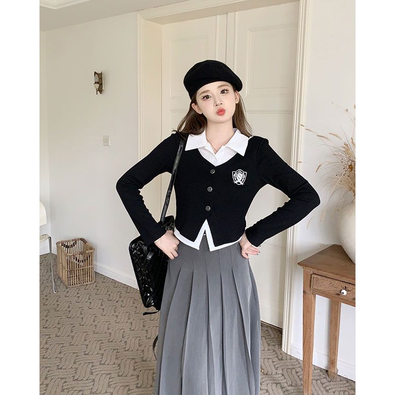 Original chest mark highlighted fake two-piece Polo collar shirt for women in autumn splicing college style suit