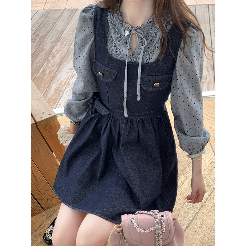Real photo Korean style chic suit high-end vest dress polka dot shirt two-piece set