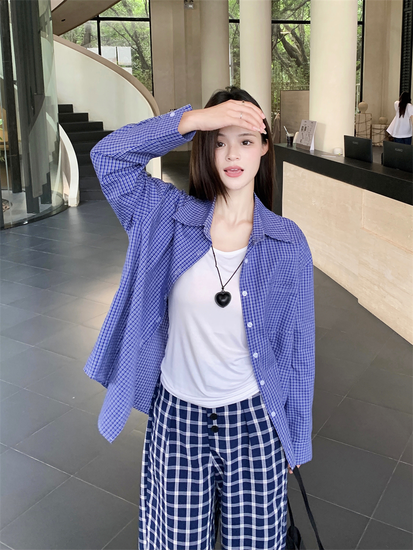 Real photo American retro blue plaid shirt spring lazy women's loose shirt jacket long sleeve top