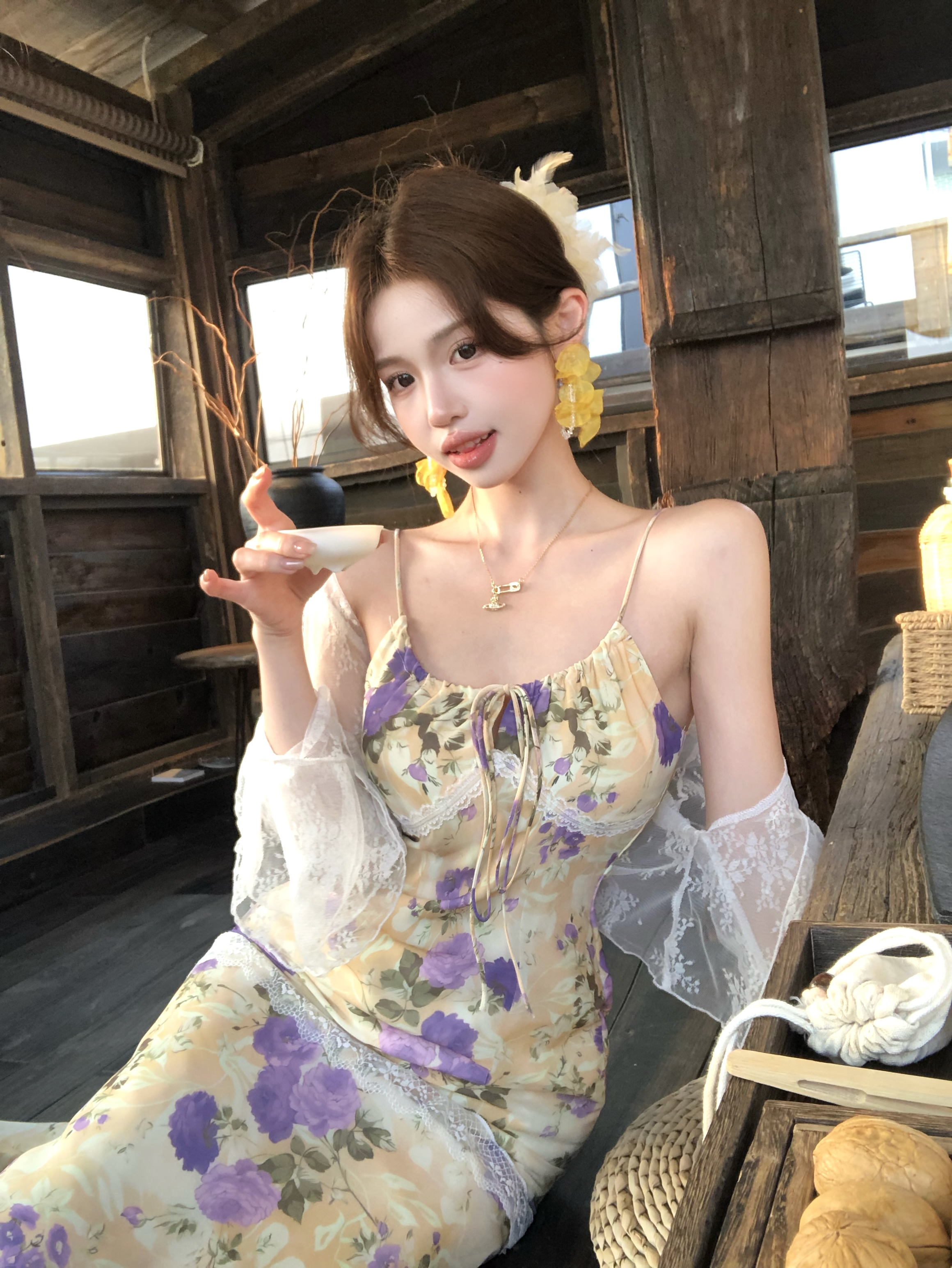 Real shot!  Vacation long dress dress in spring outfit floral dopamine pure waist-pinching suspender fishtail skirt