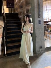 2025新款收腰顯瘦氣質仙女長裙溫柔風甜美蝴蝶結無袖連衣裙女春季