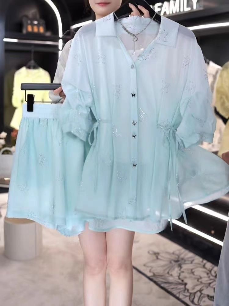 法式漸變蝴蝶燙鑽襯衫套裝女夏季新款綁帶設計上衣短褲三件套