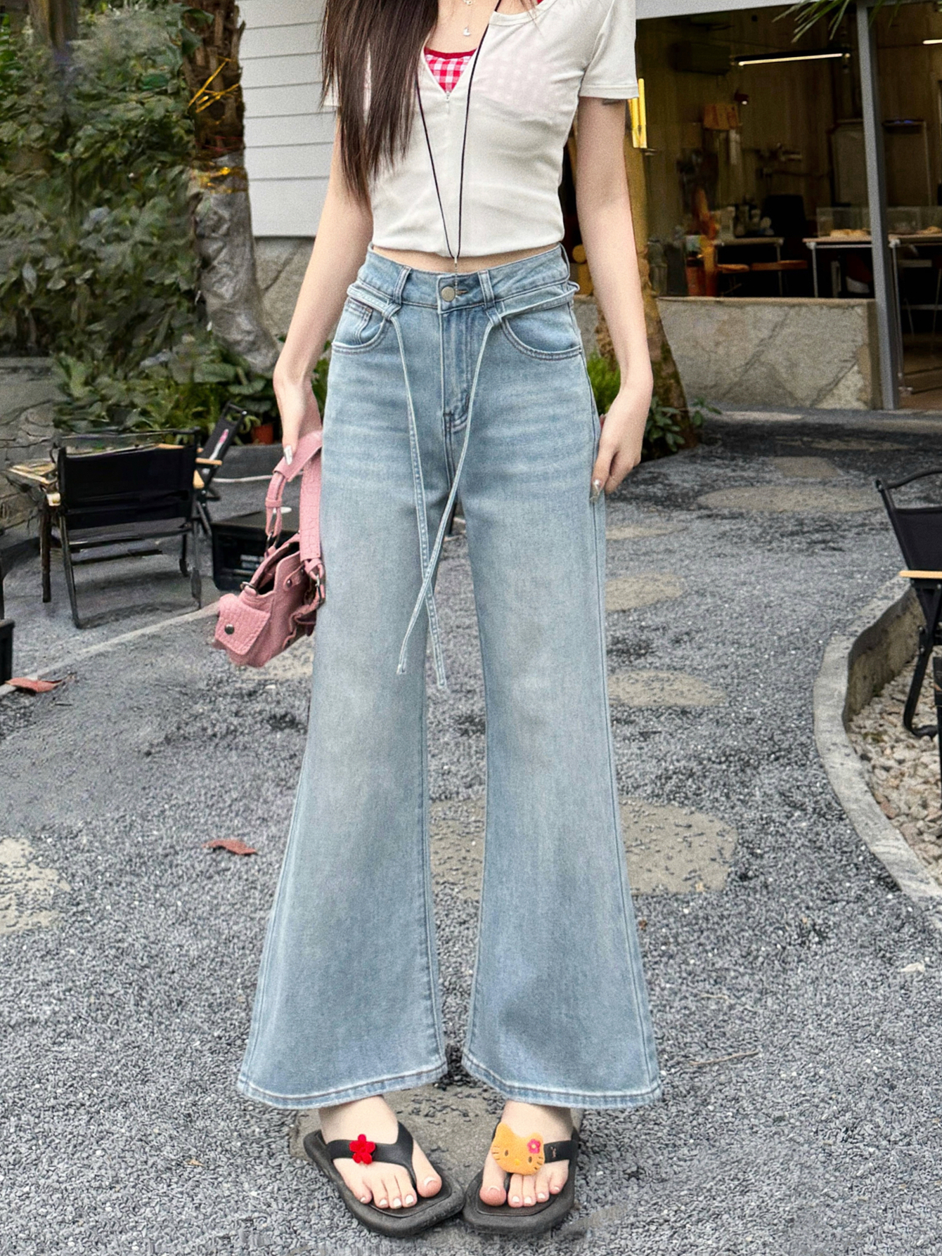 Real shot #Stretch straight jeans for women with retro washing straps design feel loose wide-leg nine-leg pants