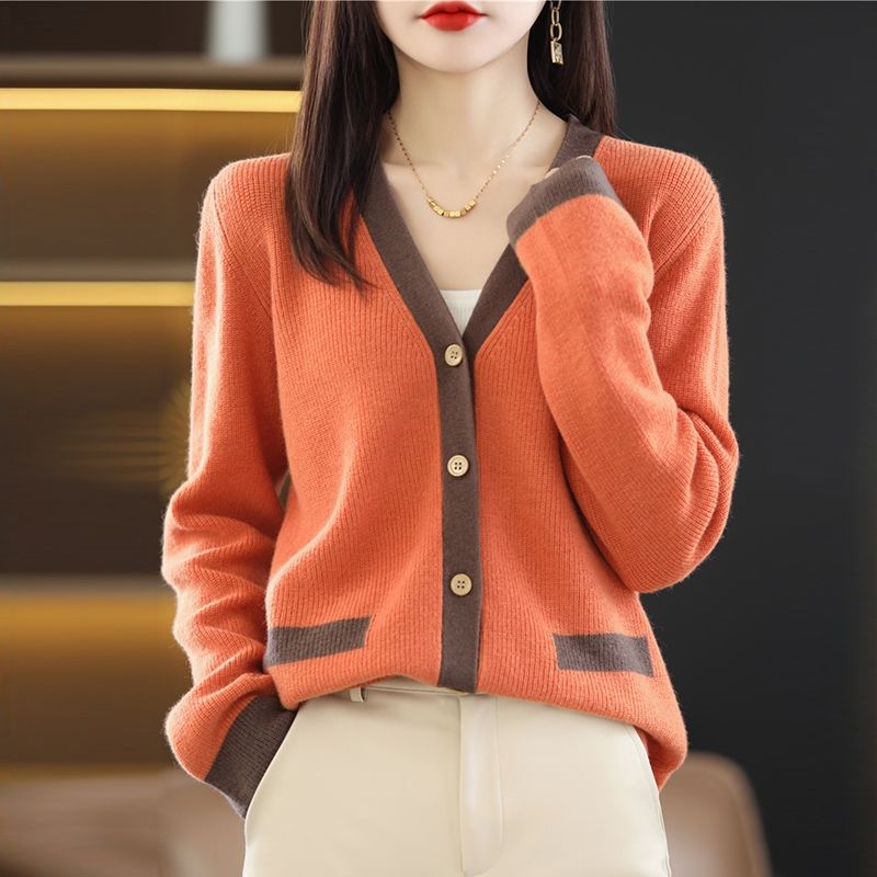 Korean Spring New Knit Cardigan Women's Sweater Outerwear Loose V-Neck Colorblock Layering Stylish Top