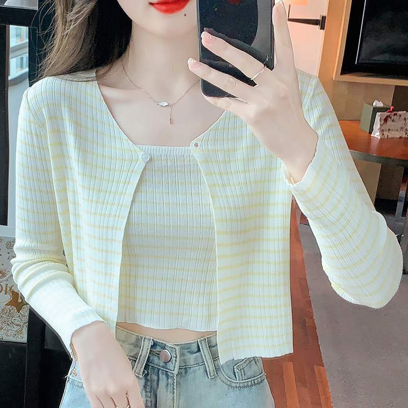 Shipped 2025 spring and summer real shot large size new two-piece short striped sweater cardigan