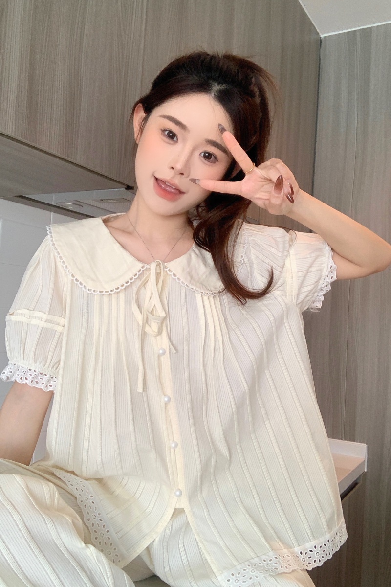 Real shot Korean version of sweet, fresh, loose, breathable pure cotton jacquard spring and summer wear short-sleeved home clothing set