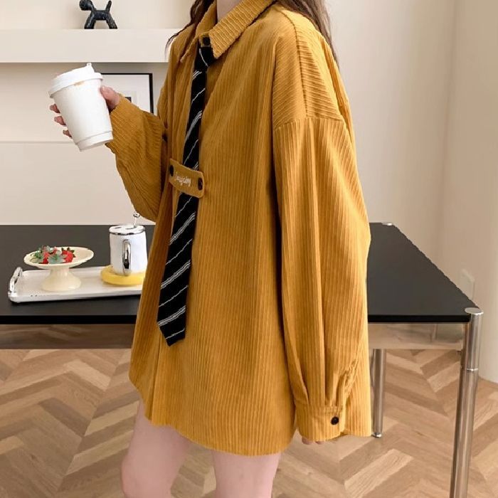 送領帶質量秋季薄款中長款POLO領高級感襯衫外套女