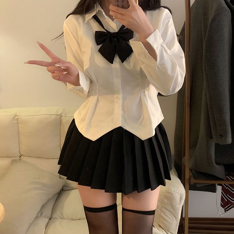 Academic Style JK Uniform Set White Blouse Women Design-Focused Fitted Waist Long-Sleeve Top Short Blouse for Petite Women