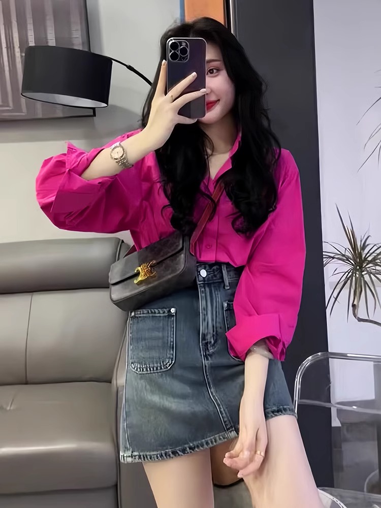 Spring and summer new internet celebrity chic and beautiful shirt small dragon fruit color sunscreen shirt women's light luxury high-end top