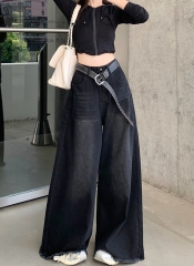 Real photo #New high-waisted denim trousers for women, slim and versatile, big wide-footed floor trousers