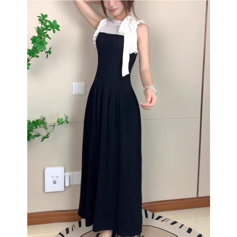 法式撞色拼接蝴蝶結背心連衣裙女夏季氣質收腰顯瘦針織A字裙長裙
