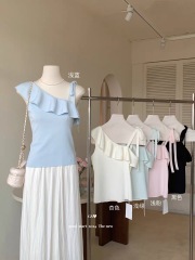 GS小眾2025夏季韓版斜肩設計款吊帶不對稱荷葉領針織小衫顯瘦上衣