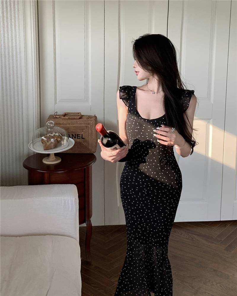 Real shot of summer retro sexy suspender chiffon dress slim waisted ruffle extended skirt + inner skirt for women