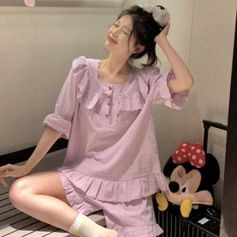 Real shot of Korean version sweet, fresh cotton jacquard loose summer shorts shorts home clothing set
