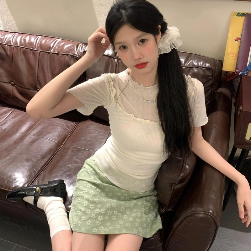 Sweet and spicy style slim lace suspender vest women's T-shirt top summer new fresh skirt three-piece set
