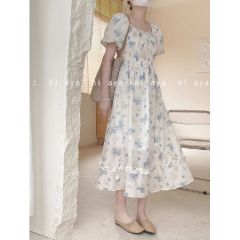 Original craftsmanship floral square-neck floral print bubble sleeve midi French style dress with a bohemian atmosphere