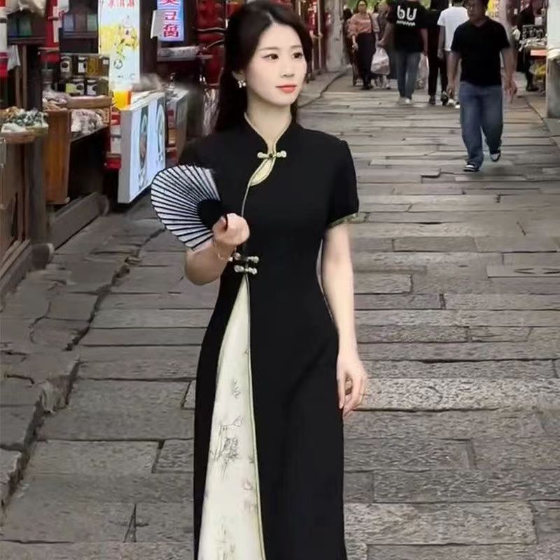 -- Summer new style exquisite and fashionable Chinese-style cheongsam dress slimming one-piece dress elegant fitted skirt